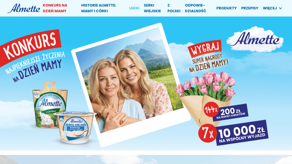 Plakat promocyjny loterii Kup dwa produkty Almette i napisz najpiękniejsze życzenia dla mamy. – szczegóły i nagrody w Dowolny Sklep