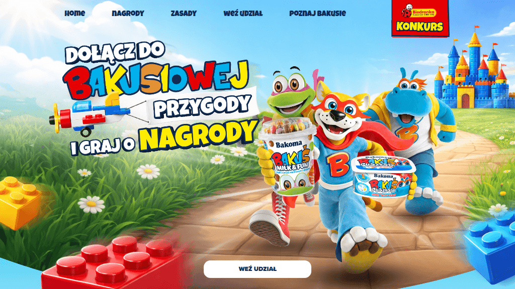 Plakat promocyjny loterii Kup produkt Bakuś Puszysty oraz Bakuś Milk&fun w Biedronce. – szczegóły i nagrody w Biedronka