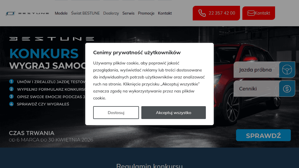 Plakat promocyjny loterii Odbądź jazdę testową Bestune T90, B70 lub T77. – szczegóły i nagrody w Autoryzowany Punkt Sprzedaży Bestune