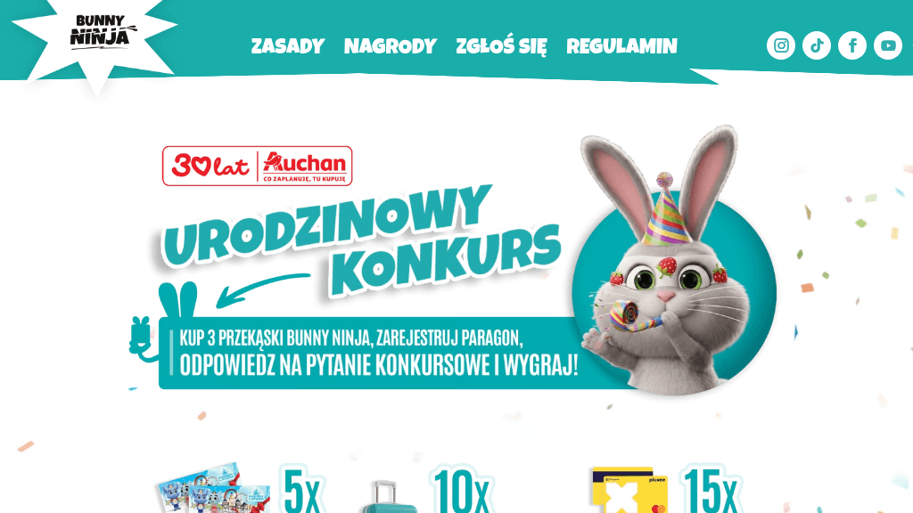 Plakat promocyjny loterii Zakup trzy przekąski Bunny Ninja, zarejestruj paragon i odpowiedz na pytanie – szczegóły i nagrody w Auchan