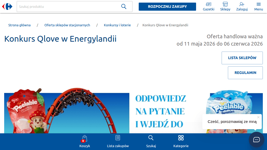 Plakat promocyjny loterii Kup 3 produkty Qlove w Carrefour i odpowiedz na pytanie – szczegóły i nagrody w Carrefour