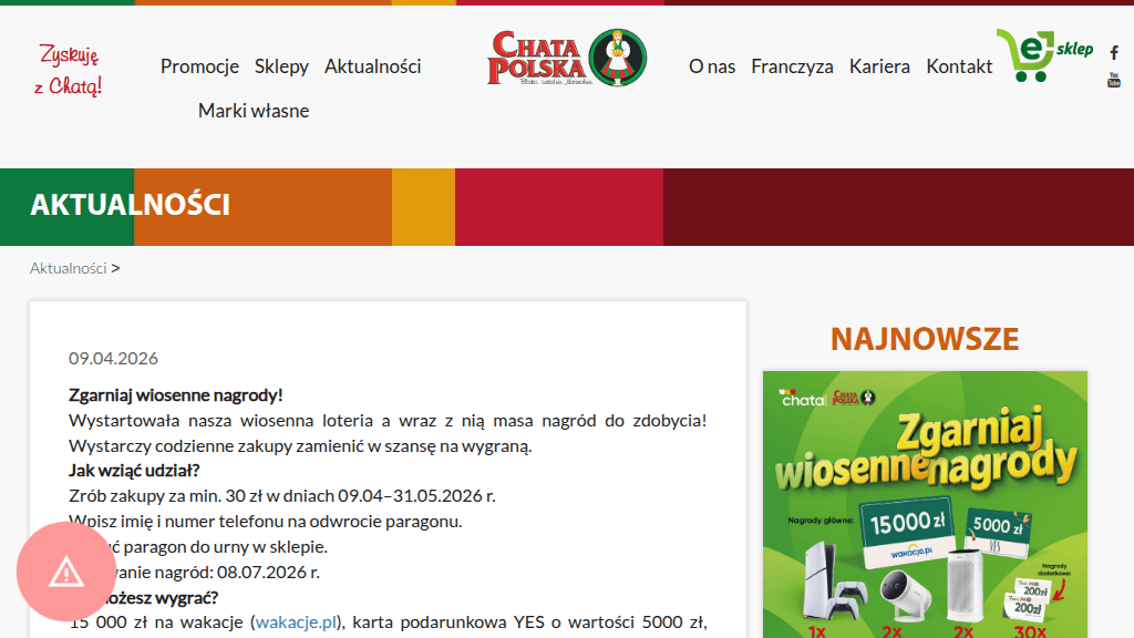 Plakat promocyjny loterii Kup za 30 zł w Chata Polska i wrzuć paragon. – szczegóły i nagrody w Chata Polska