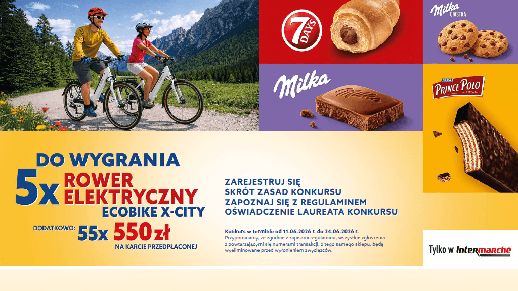 Plakat promocyjny loterii Kup Milka, 7days lub Prince Polo w Intermarche i odpowiedz. – szczegóły i nagrody w Intermarche
