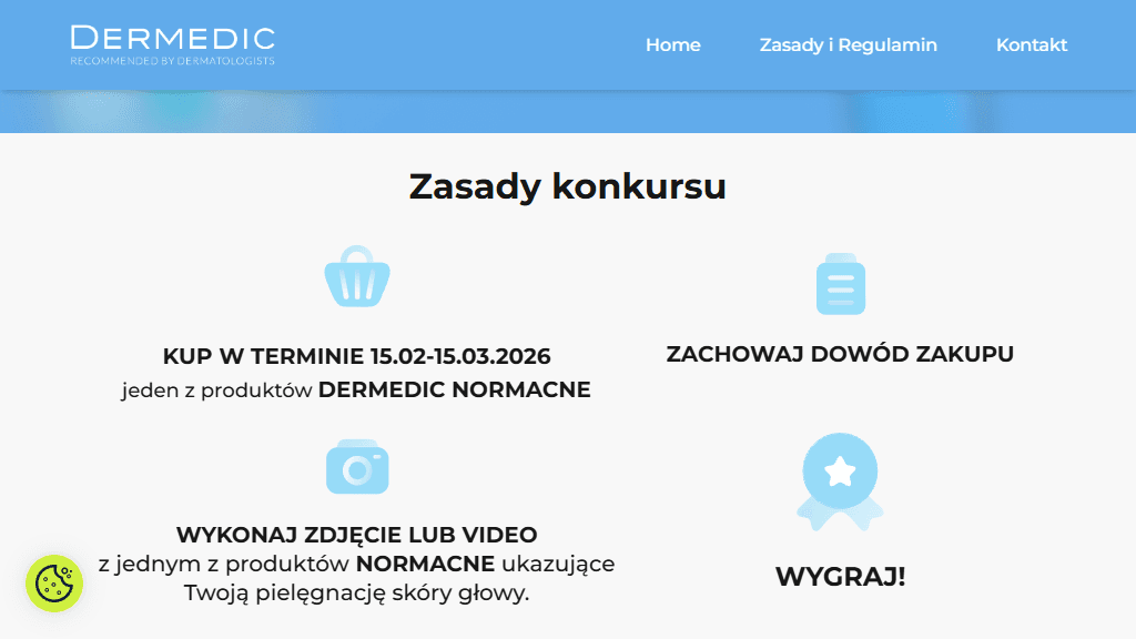 Plakat promocyjny loterii Kup Dermedic Normacne, stwórz zdjęcie/video i udostępnij. – szczegóły i nagrody w Dowolny Sklep