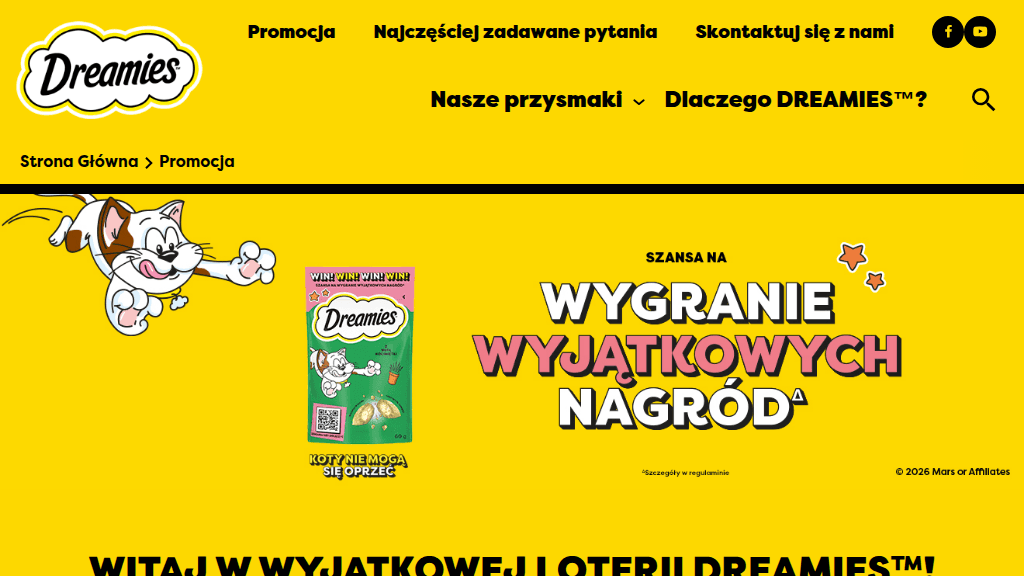 Plakat promocyjny loterii Kup dowolny produkt marki Dreamies w dowolnym punkcie sprzedaży. – szczegóły i nagrody w Dowolny Sklep
