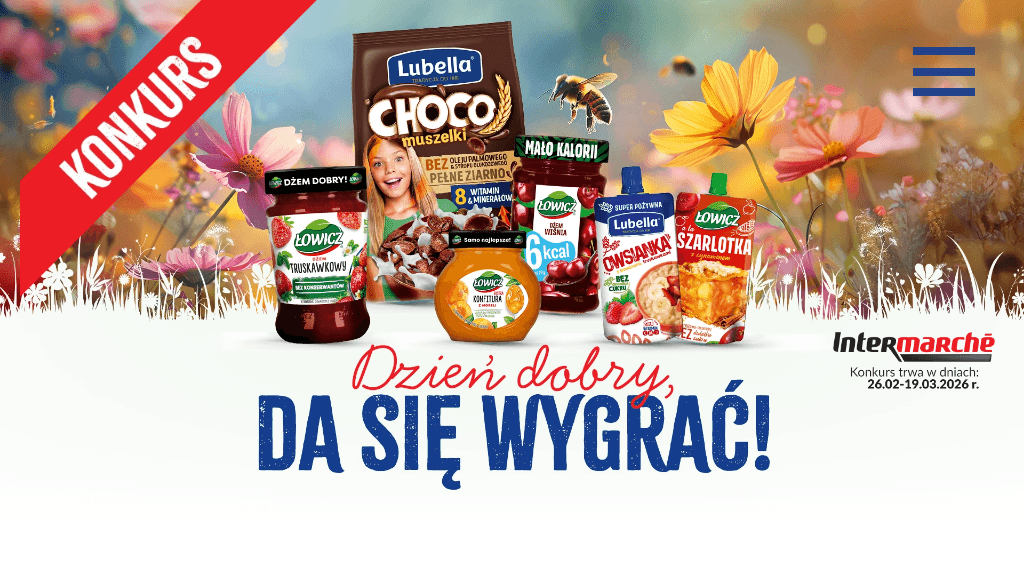 Plakat promocyjny loterii Kup produkty Lubella Łowicz Puchatek w Intermarche i opisz poranek – szczegóły i nagrody w Intermarche