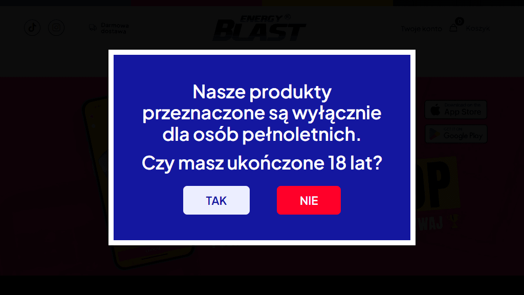 Plakat promocyjny loterii Pobierz aplikację Blast App i wykonaj zadania marki Energy Blast. – szczegóły i nagrody w Dowolny Sklep