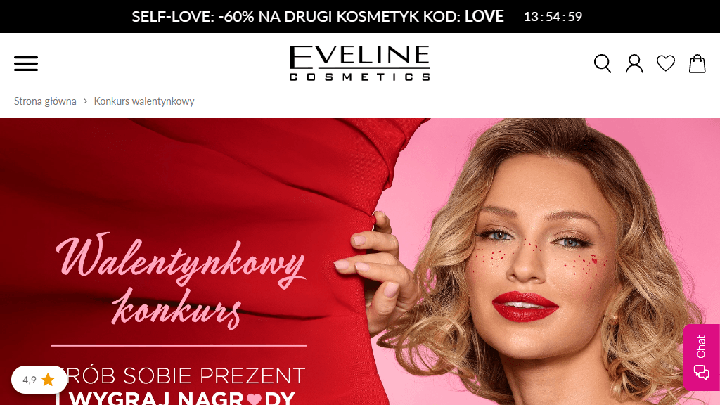 Plakat promocyjny loterii Zaloguj się, kup zestaw walentynkowy i wypełnij formularz – szczegóły i nagrody w https://eveline.pl/