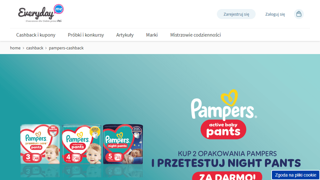 Plakat promocyjny loterii Kup trzy produkty Pampers, w tym jedne Night Pants – szczegóły i nagrody w Dowolny Sklep