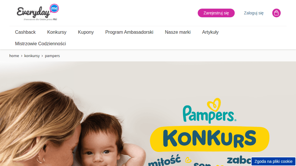 Plakat promocyjny loterii Kup produkt Pampers, zarejestruj się i odpowiedz na pytanie – szczegóły i nagrody w Biedronka