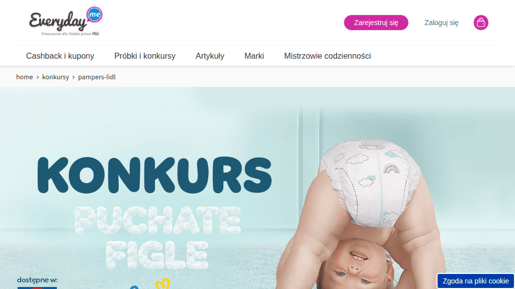 Plakat promocyjny loterii Kup dwa produkty marki Pampers w sieci Lidl i odpowiedz. – szczegóły i nagrody w Lidl
