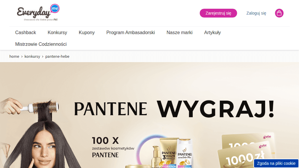 Plakat promocyjny loterii Kup dwa produkty marki Pantene w Hebe i wykonaj zadanie. – szczegóły i nagrody w Hebe