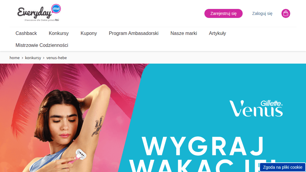 Plakat promocyjny loterii Kup produkty Gillette Venus za 50 zł w Hebe. – szczegóły i nagrody w Hebe