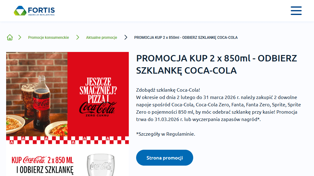 Plakat promocyjny loterii Kup dwa produkty Coca-Cola 850ml i odbierz szklankę – szczegóły i nagrody w Dowolny Sklep