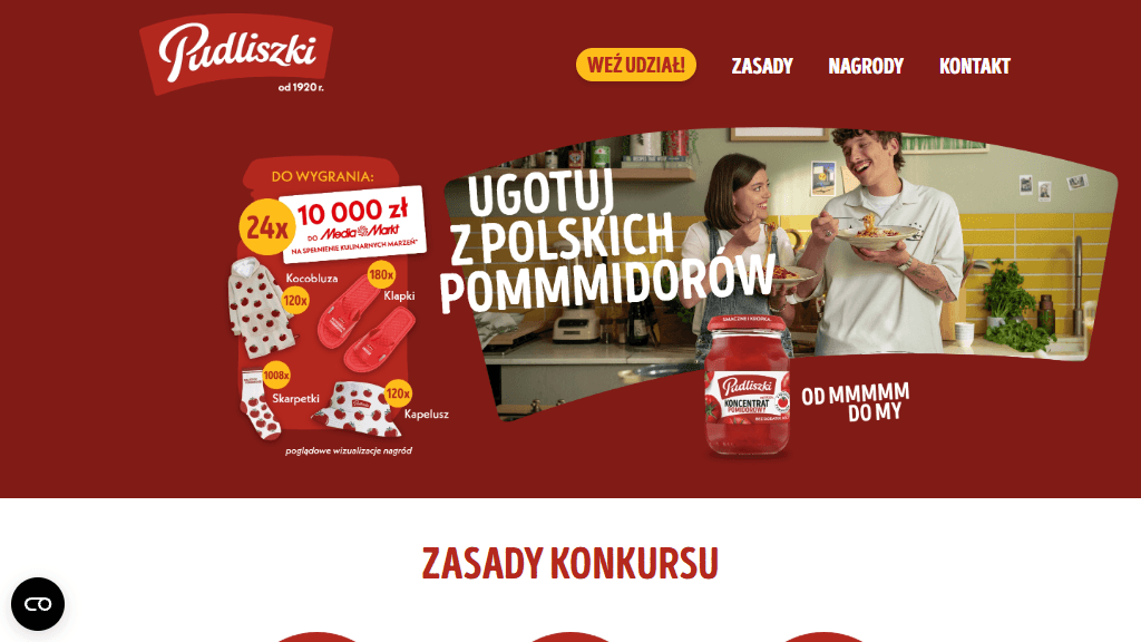 Plakat promocyjny loterii Kup min. dwa pomidorowe Pudliszki, ugotuj danie, pokaż zdjęciem lub wideo. – szczegóły i nagrody w Dowolny Sklep