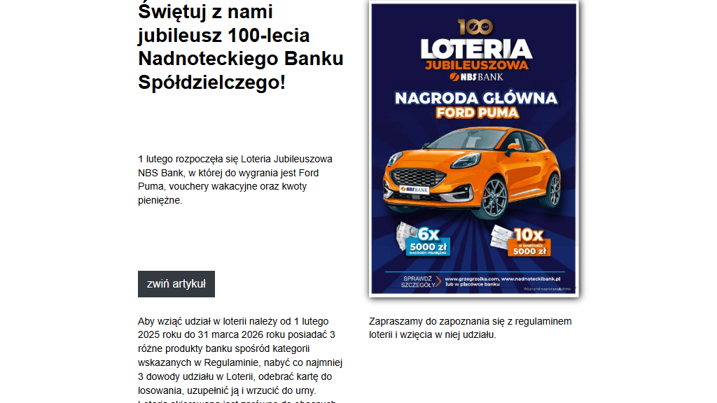 Plakat promocyjny loterii Załóż konto w NBS Banku – szczegóły i nagrody
