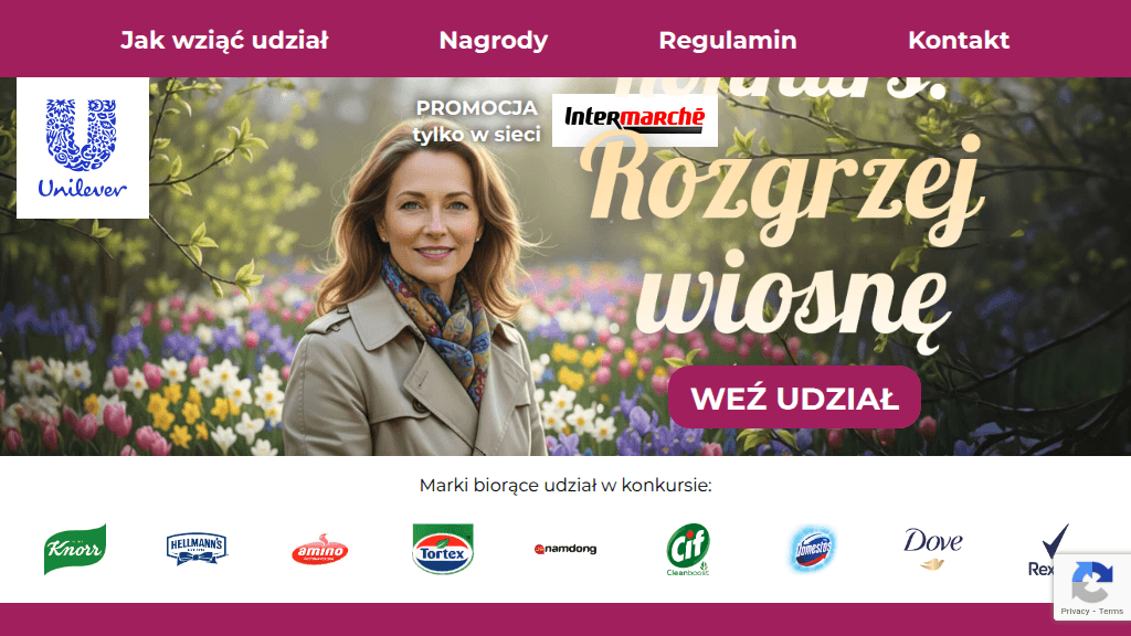Plakat promocyjny loterii Kup 3 produkty marek Unilever w Intermarche i odpowiedz. – szczegóły i nagrody w Intermarche