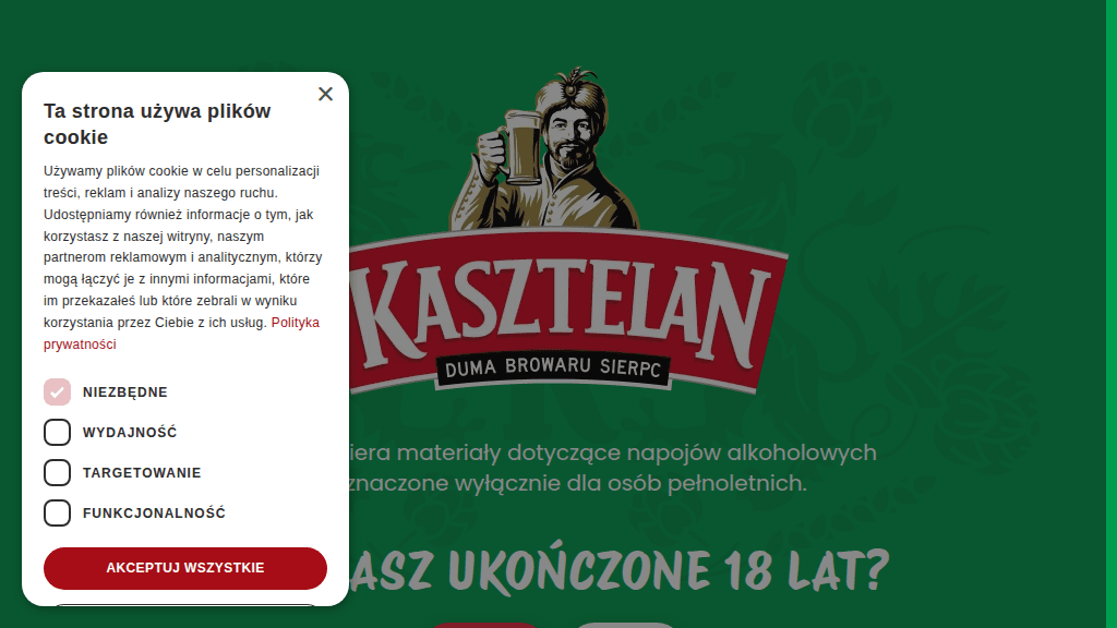 Plakat promocyjny loterii Kup cztery piwa Kasztelan w Intermarche i odpowiedz na pytanie. – szczegóły i nagrody w Intermarche