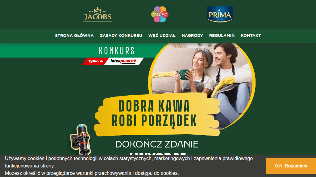 Plakat promocyjny loterii Kup kawy Jacobs, Prima lub Tassimo za 10zł w Intermarche. – szczegóły i nagrody w Intermarche