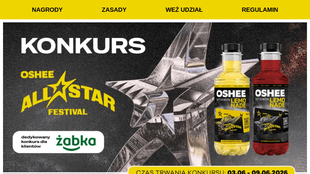 Plakat promocyjny loterii Kup produkt Oshee w Zabka lub Nano i odpowiedz kreatywnie. – szczegóły i nagrody w Zabka