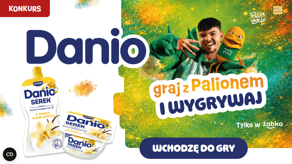 Plakat promocyjny loterii Kup 2 produkty Danio w Żabce i zagraj w grę – szczegóły i nagrody w Zabka