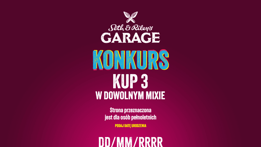 Plakat promocyjny loterii Kup trzy produkty marki Garage w Zabce i odpowiedz. – szczegóły i nagrody w Zabka