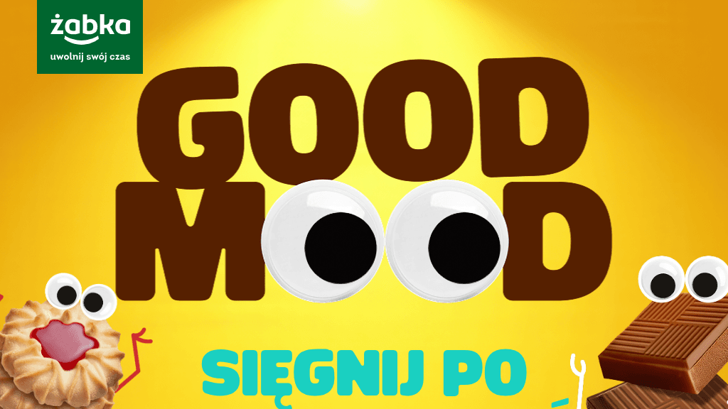 Plakat promocyjny loterii Kup trzy produkty Good Mood w Zabce i odpowiedz twórczo. – szczegóły i nagrody w Zabka
