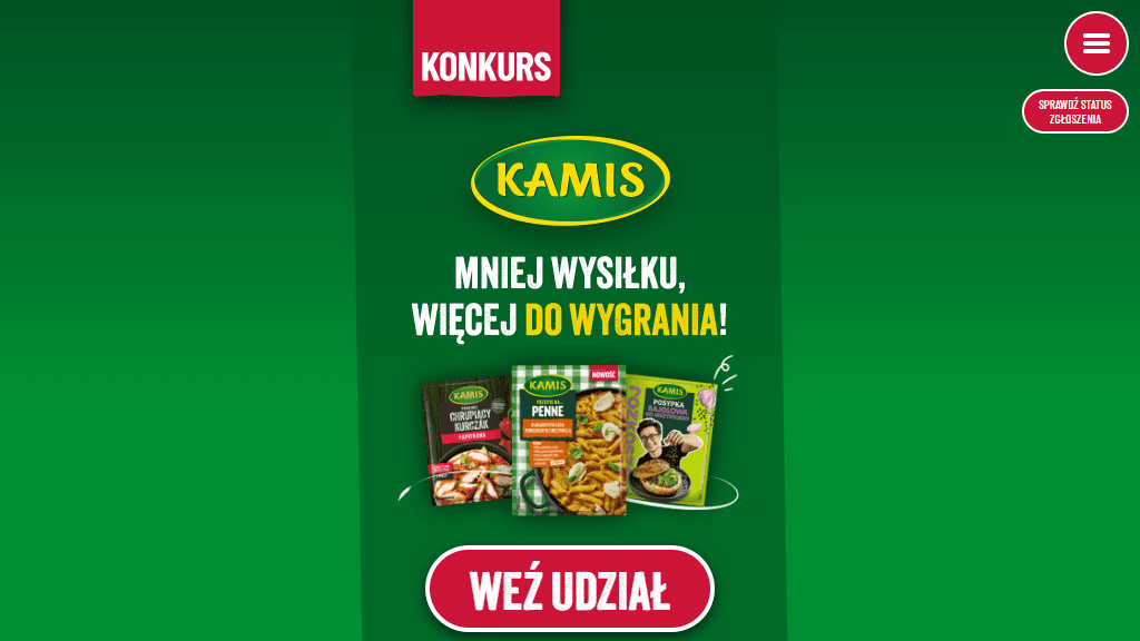 Plakat promocyjny loterii Kup min. 3 produkty Kamis w Biedronce i odpowiedz na pytanie konkursowe. – szczegóły i nagrody w Biedronka