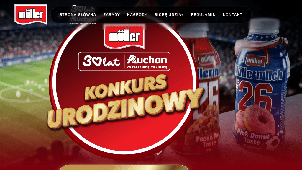 Plakat promocyjny loterii Kup produkt Müllermilch w sieci Auchan i odpowiedz na pytanie – szczegóły i nagrody w Auchan