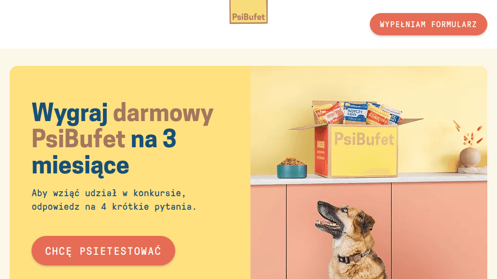 Plakat promocyjny loterii Opisz menu psa kucharza na stronie marki Psi Bufet – szczegóły i nagrody w Dowolny Sklep