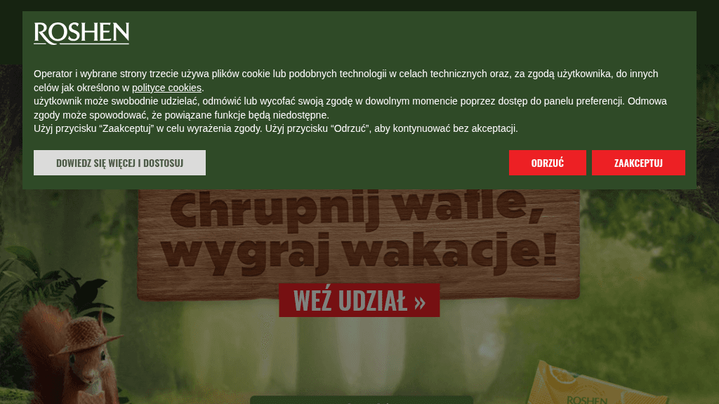Plakat promocyjny loterii Kup dwa dowolne wafelki Roshen 216g i odpowiedz na pytanie – szczegóły i nagrody w Dowolny Sklep