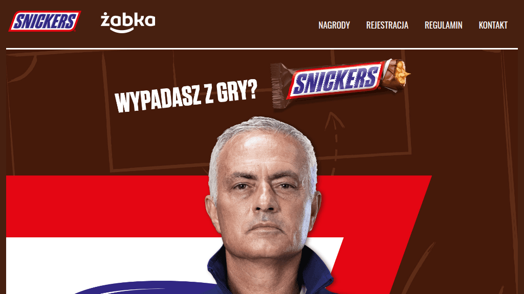 Plakat promocyjny loterii Zaprojektuj wymarzoną piłkę kupując batony Snickers, Twix, Mars w Żabce. – szczegóły i nagrody w Zabka