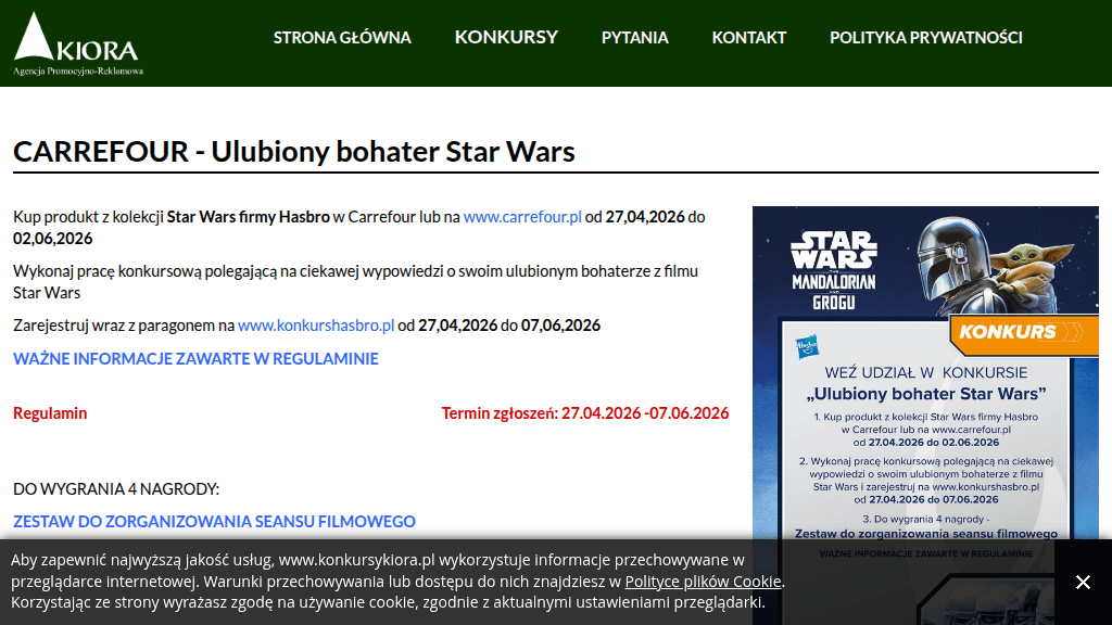 Plakat promocyjny loterii Kup produkt Hasbro Star Wars w Carrefour i napisz wypowiedź. – szczegóły i nagrody w Carrefour