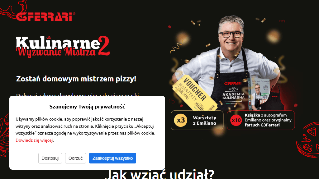 Plakat promocyjny loterii Kup piec G3Ferrari: Media Expert, Euro, Domowy Piec Do Pizzy. – szczegóły i nagrody w Media Expert