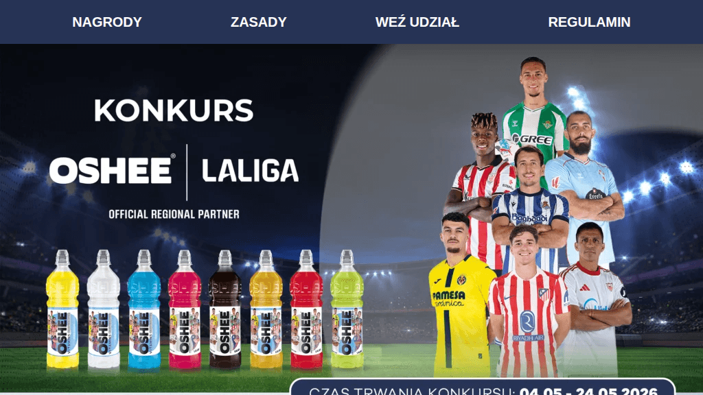 Plakat promocyjny loterii Kup produkty Oshee w Biedronce lub dowolnym sklepie i odpowiedz. – szczegóły i nagrody w Biedronka