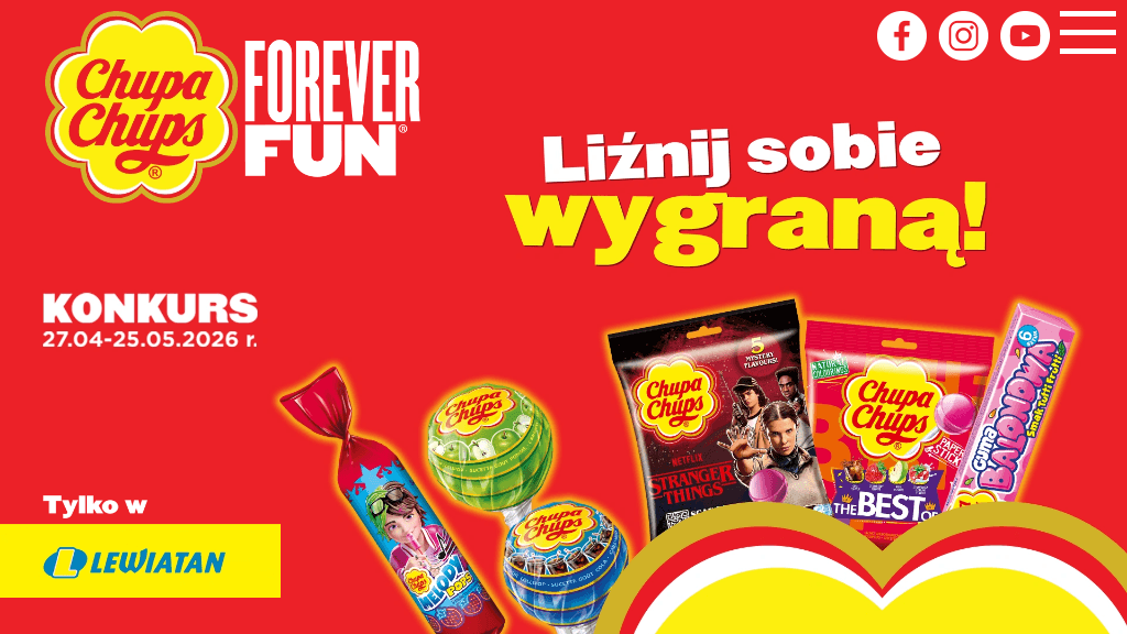Plakat promocyjny loterii Kup Chupa Chups za 10 zł w Lewiatanie i opisz ulubiony produkt. – szczegóły i nagrody w Lewiatan