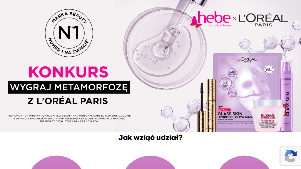 Plakat promocyjny loterii Kup dwa produkty Loreal Paris w Hebe, odpowiedz kreatywnie. – szczegóły i nagrody w Hebe