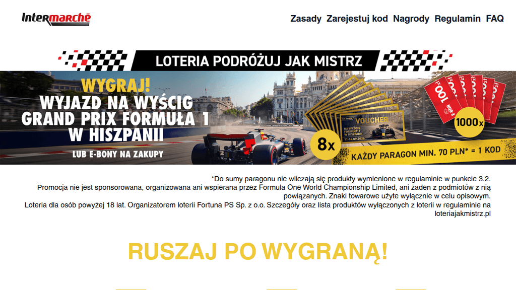 Plakat promocyjny loterii Zeskanuj kartę Intermarche i kup dowolne produkty za 70 zł. – szczegóły i nagrody w Intermarche