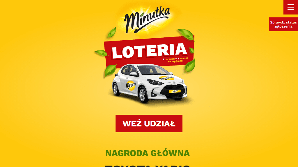 Plakat promocyjny loterii Kup herbatę Minutka, zachowaj dowód i zgłoś się online. – szczegóły i nagrody w Dowolny Sklep