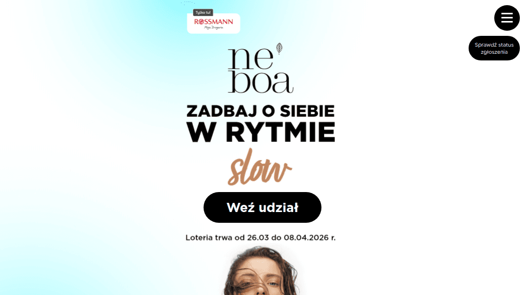 Plakat promocyjny loterii Kup minimum dwa produkty Neboa w drogerii Rossmann – szczegóły i nagrody w Rossmann