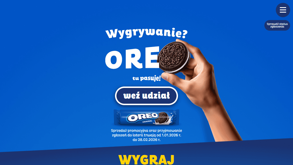 Plakat promocyjny loterii Kup produkty Oreo, zachowaj dowód zakupu, zgłoś się przez internet. – szczegóły i nagrody w Dowolny Sklep