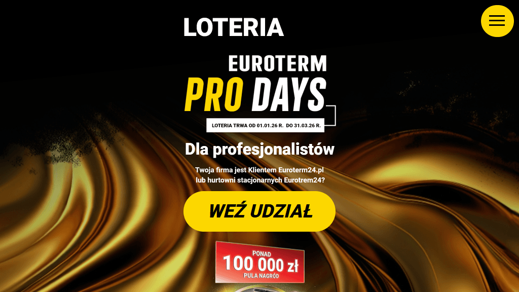 Plakat promocyjny loterii Kup produkty wybranych marek za 5000 zł netto w sklepach Euroterm24.pl, zarejestruj zakup i losuj nagrody. – szczegóły i nagrody w Euroterm24.pl