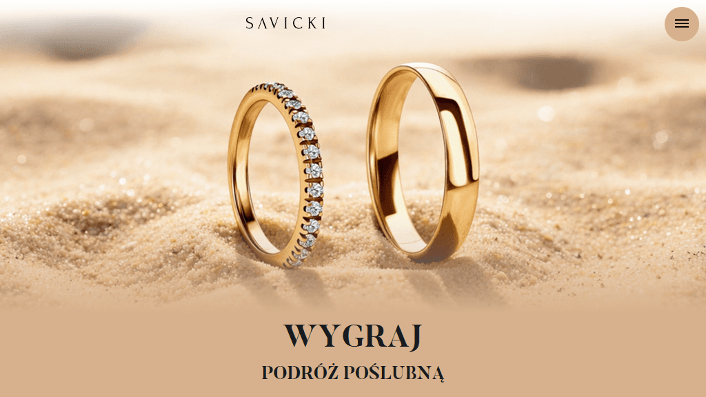 Plakat promocyjny loterii Kup obrączki Savicki, zarejestruj dowód zakupu i zgłoś się do loterii. – szczegóły i nagrody w Savicki