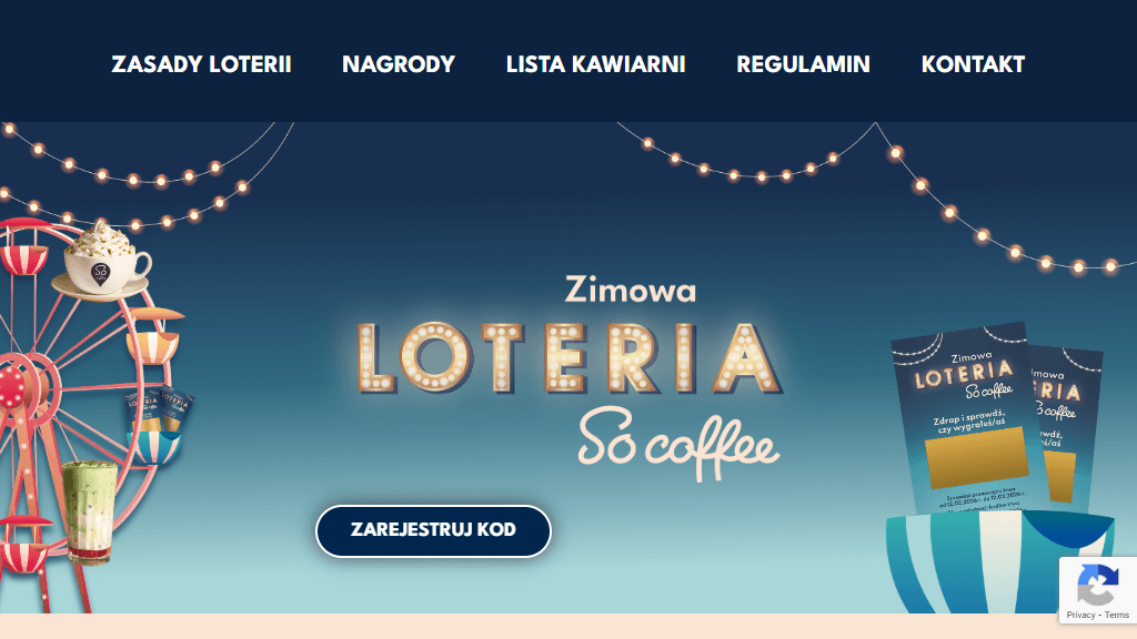 Plakat promocyjny loterii Kup produkty za minimum 40 zł w kawiarni So Coffee – szczegóły i nagrody w So Coffee