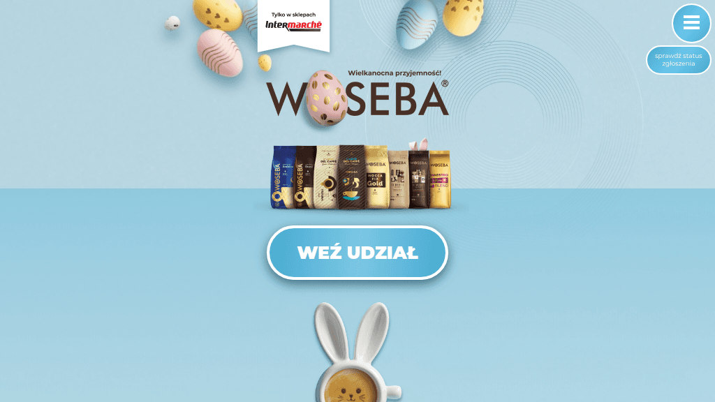 Plakat promocyjny loterii Kup dowolną kawę Woseba w Intermarche i zgłoś paragon. – szczegóły i nagrody w Intermarche