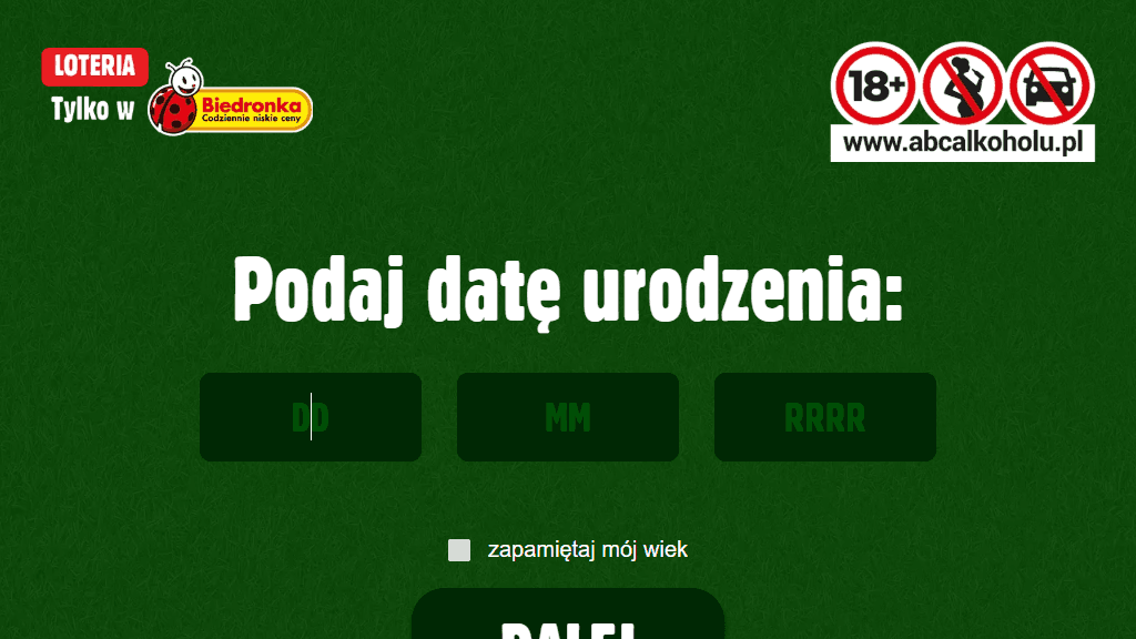 Plakat promocyjny loterii Kup 4 piwa Żubr w Biedronce i zarejestruj paragon online. – szczegóły i nagrody w Biedronka