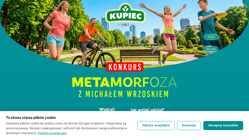 Plakat promocyjny loterii Kup trzy produkty Kupiec w dowolnym sklepie i nagraj film. – szczegóły i nagrody w Dowolny Sklep