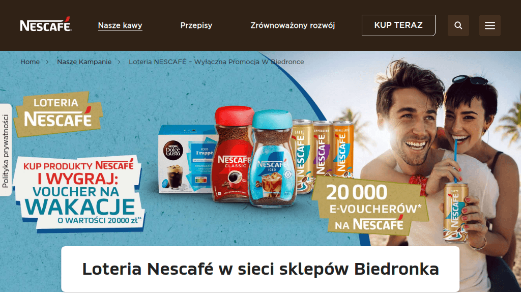 Plakat promocyjny loterii Kup dowolny produkt marki Nescafe w sklepie Biedronka. – szczegóły i nagrody w Biedronka