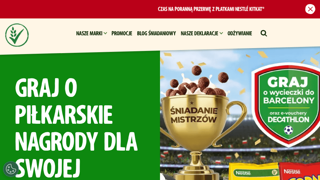 Plakat promocyjny loterii Kup płatki lub batony Nestle i zarejestruj Dowód zakupu. – szczegóły i nagrody w Dowolny Sklep