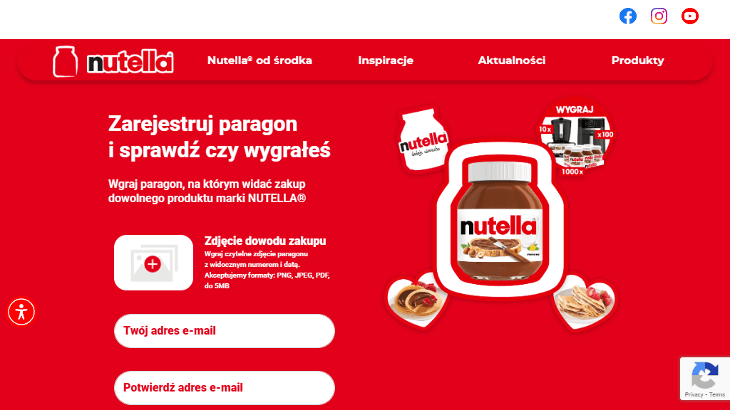 Plakat promocyjny loterii Kup Nutella, zarejestruj dowód zakupu na nutella.com – szczegóły i nagrody w Dowolny Sklep